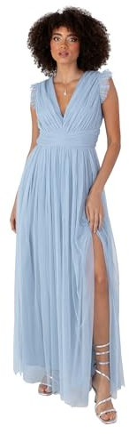 Anaya with Love Women's Maxi Dress Ladies V-Neck Short Sleeve Split Tulle A-line for Wedding Guest Bridesmaid Evening Occasion Ball Gown, Soft Blue, 8