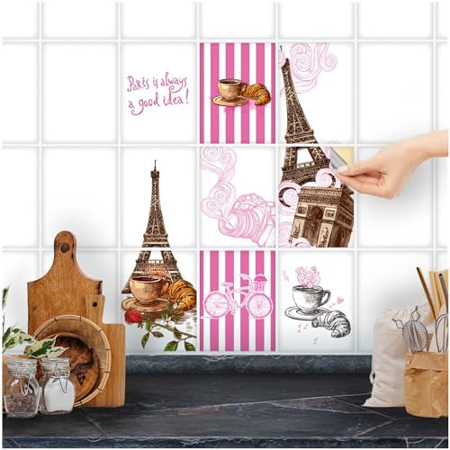 FoLIESEN Fliesenaufkleber für Bad, Küche, Badezimmer - Fliesen-Folie selbstklebend - Deko-Aufkleber - Paris, .:15x20 cm - 9-tlg.