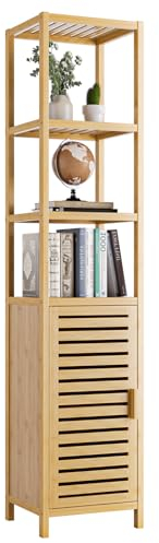 HITNET Hochschrank Badezimmer, Bambus Badschrank Schmal mit Offenen Regal, Freistehende Aufbewahrungsschrank für Küche,Wohnzimmer,Flur, Natur