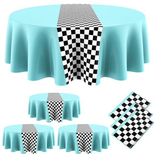 Oudain Lot de 6 nappes rondes en plastique pour voiture de course, bleu | Nappe de course de 213,4 cm, motif drapeau à damier, pour voiture, fête d'anniversaire, décoration de fête disco des années
