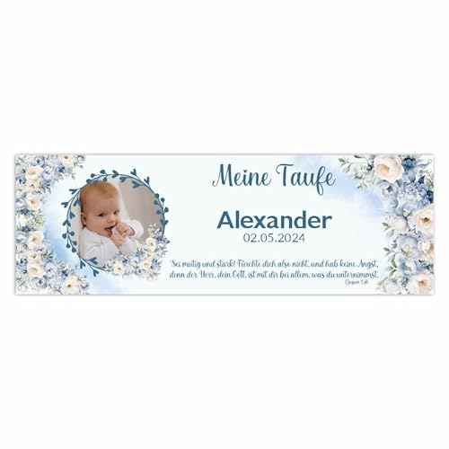 FOTOFOL Banner personalisiert mit Foto und Wunschtexte - Banner Taufe oder Kommunion - 225x75cm oder 150x50cm (Style 4)