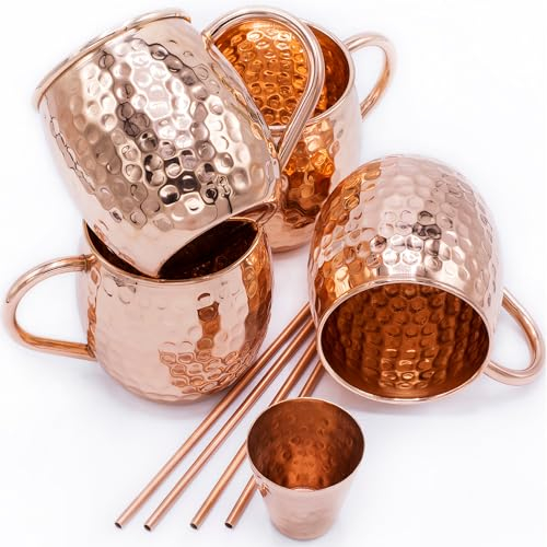 Gadgy Set di Bicchieri Moscow Mule | 4 Tazze in Rame Fatto a Mano con 4 Cannucce e Misurino | Set Completo per Cocktail | Bicchieri in Rame per Moscow Mule e Bevande Ghiacciate | Regalo per Feste