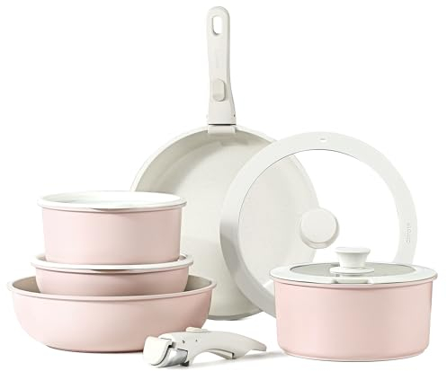 CAROTE Pots and Pans Set, Nonstick Cookware Sets Detachable Handle, 15pcs Induction Kitchen Cookware Set Non Stick with Removable Handle, Oven Safe, RV Cookware Set, Pink Granite