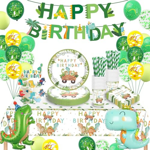 TERLUNNSI Dinosaur Party Tableware Set, Dinosaur Birthday Decoration, Paper Plates, Cups, Napkins, Straws, Tablecloth, Children's Birthday Decoration for Boys and Girls