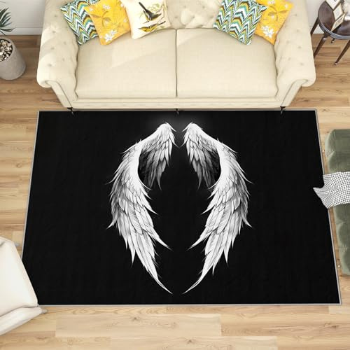 Generisch Engelsflügel Deko - Teppich Wohnzimmer Schlafzimmer Engelsflügel, Kleiner Teppich Schwarz Weiß, Weich Kurzflor & Waschbar & rutschfest Fussmatte Innen, Kinderteppich 80x150 cm