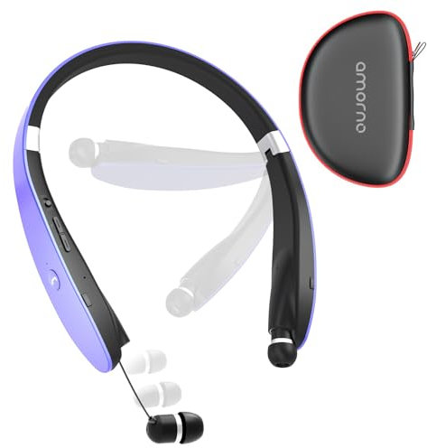 AMORNO Foldable Bluetooth Headphones Wireless Neckband Headset with Retractable Earbuds, Sports Sweatproof Noise Cancelling Stereo Earphones with Mic