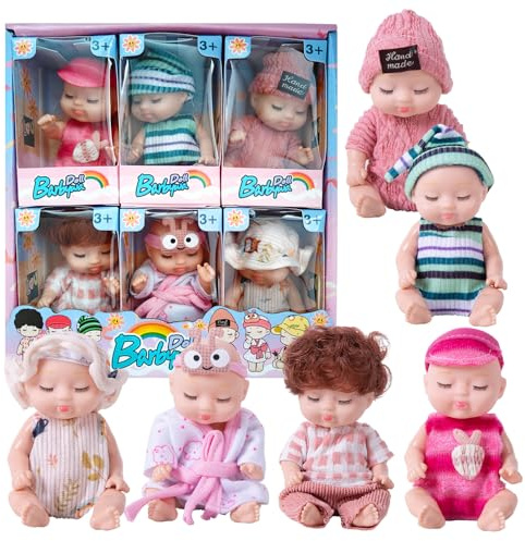 KUWUNG Mini Baby Puppe, 6 Stück Babypuppen mit Puppenkleidung, Realistische Mini Puppe, Rebirth Puppen, Kleine Reborn Puppenspielzeug Geschenk für Kleinkinder, Mädchen und Jungen (E)