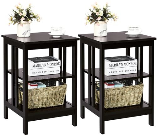 COSTWAY Nachttisch 3 Ebenen, 2er Set Beistelltisch Nachtschrank, Sofatisch Couchtisch für Schlafzimmer, Wohnzimmer 40x40x61cm (II-förmig, Braun)