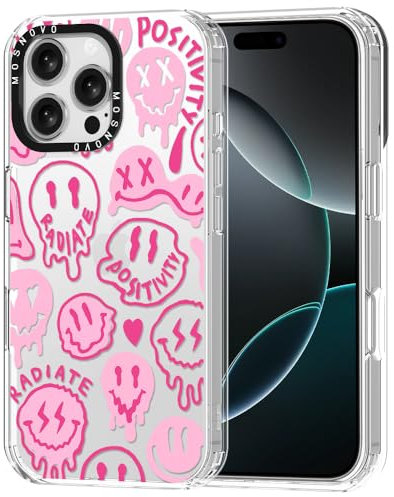 MOSNOVO Case for iPhone 16 Pro Max, [Buffertech 6.6ft Military-Grade Drop Protection] [Anti Peel Off Tech] Clear TPU Bumper Phone Case Cover Design - Pink Dripping Smiles Positivity Radiate Face