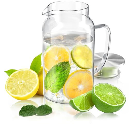 Arendo - Wasserkrug aus Borosilikatglas – 1400 ml – Krug mit Deckel aus lebensmittelechtem Edelstahl – 2 Ausgussöffnungen mit Sieb – hitze- und kältebeständig – Glaskrug – BPA frei