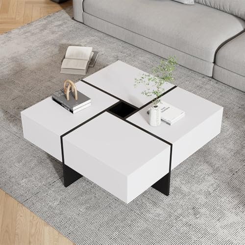 LuxeLiving Couchtisch mit Patchwork Design, Quadratisch Beistelltisch, Wohnzimmertisch, Kaffeetisch Sofatisch Weiß