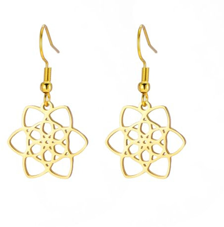 KKJOY Blume des Lebens Ohrringe Edelstahl Keltischer Knoten Blüte Anhänger Ohrringe Eternity Flower Inspirational Amulett Schmuck für Frauen Charmante Damen (Gold)