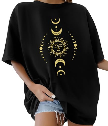 Lonya T Shirt Damen Oversized Vintage Rundhals Kurzarm Sonne Mond Muster Gedruckt Boho Style Sommer Bluse Baumwolle Oberteile Tops Retro Casual Lockere Basic Tee Shirt, H-Schwarz, M