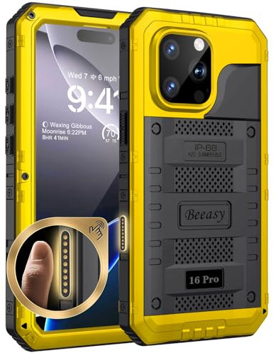 Beeasy for iPhone 16 Pro Case Waterproof Heavy Duty Metal Armour Cover Shockproof Dustproof Built-in Screen Protector, Robust Full Body Protective Military Rugged Case for iPhone 16 Pro, Yellow