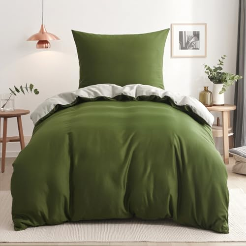RUIKASI Bettwäsche 155x220 Baumwolle Grün - Olivegrün Bettwäsche-Sets 155x220cm 2teilig Wendebettwäsche 2tlg mit Reißverschluss, zweifarbige Bettbezug Set Grün und Beige Cotton