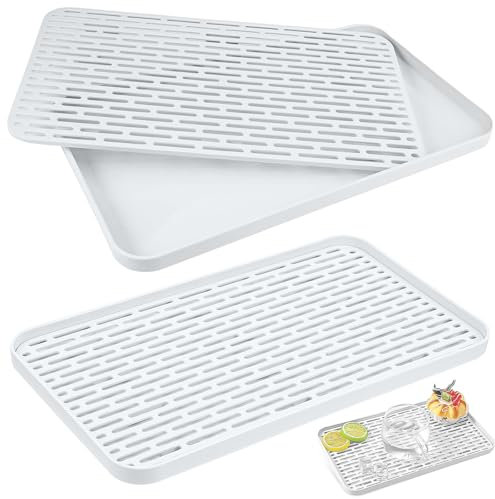 XTUDOU® 2 Stück Abtropfmatte Abtropfgestell mit Auffangschale, Abtropfschale 31 * 17.5 * 2.2cm, Multifunktionales Drain Board, für Tasse, Geschirranordnung, Reinigung des Teeservices, Weiß