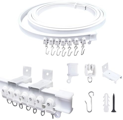 FOGAWA 5m Vorhangschiene wandmontage mit 40 S Haken, Wandvorhangschiene, Flexible Gardinenschiene, Gebogen, Wandschiene für Duschvorhangstange, Raumteiler, Vorhangschienensystem mit Wandhalterung Weiß