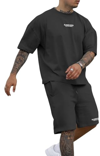 Epoleatries Herren 2-teiliges Outfit-Set, Buchstaben, überschnittene Schulter, Oversize-T-Shirt, Shorts, Sportlich, Jogging, Sommer-Trainingsanzug, Schwarz, XX-Large