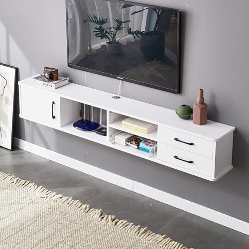CMYAOYC Mueble Bajo Salon, Mueble de TV Montado en la Pared, Mesa Television Soporte Flotante para TV, Consola de TV de Madera Maciza Montada con Puerta y Cajón(White)