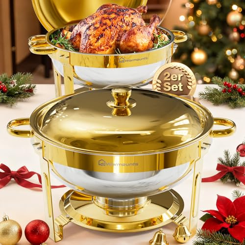 WARMOUNTS 5L Chafing Dish Buffet Set with Lid 2 Pack, Round Food Warmer for Catering Buffet with Lid Holder, Stackable Rolled-Rim Food-Grade Stainless Steel Chafer for Parties, Weddings & Banquets