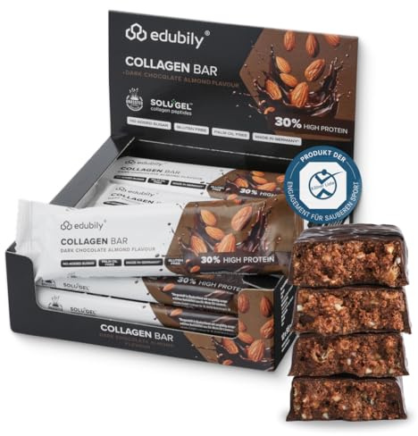edubily® Kollagen Riegel - 12 x 55 g - 30% Protein - Kollagen aus argentinischer Weidehaltung - Ohne Zuckerzusatz - Mit Erythrit - Glutenfrei - Laborgeprüft (660 g, Schokolade-Mandel)