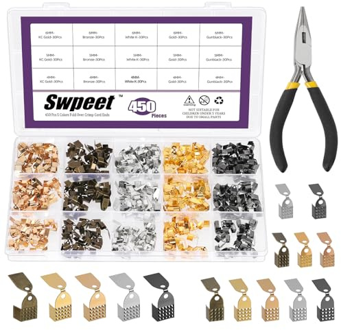Swpeet 451pcs 5 Farben 4mm 5mm 6mm Fold Over Cord Ends Cord Crimp Tipps mit Installationszange Sortiment Kit, Leder Band Cord End Verschluss Tipps Kappen, Schmuck Steckverbinder für DIY Schmuck