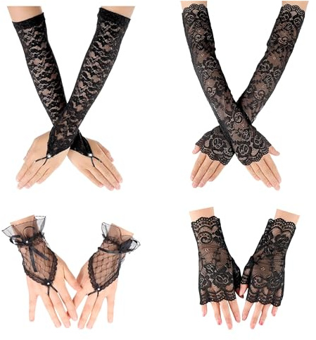 PYSEOSISE Spitzen Fingerlose Handschuhe, 4 Paar Spitzenhandschuhe Schwarz, Elegante Spitzen Handschuhe Netzhandschuhe Lace Gloves für Damen Hochzeit Oper Teeparty Halloween Party
