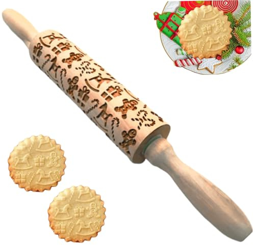 Christmas Embossed Rolling Pin, 14 Inch Wooden Rolling Pins with 3D Elk Gingerbread Candy Pine Pattern, Pin for Baking Cookie Waffles Pastry Dough Pies