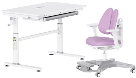 HOKO Kinderschreibtisch mit grünem Stuhl, höhenverstellbar ergonomisch Kinderschreibtische 100x60cm, Weiß Schreibtisch für Schüler, Kinder ab 6 Jahren, Lernmöbel für Kinderzimmer (JANA und Anke)