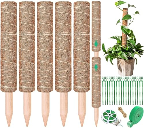 NCKIHRKK 5 Stück Rankhilfe Zimmerpflanzen, 42cm Natürliche Kokosfaser Pflanzenstab mit Klettband, Kabelbinder und Schnur, Rankhilfen für Kletterpflanzen Ausziehbar bis zu 162cm
