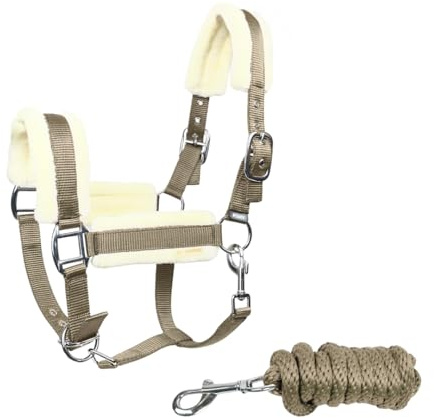 JA Horse JA4006 Premium verstellbar Halfter Set Karabinerhaken, Khaki, Cob | 3-Fach Verstellung inkl. Führstrick, Weich gepolstertes Stallhalfter, Verstellbarer Kinnriemen und Karabinerhaken