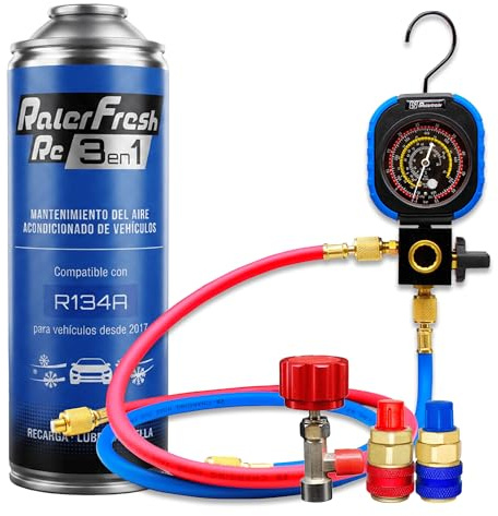 Ralerfresh RC 3 en 1 – Recharge de climatisation voiture R134a jusqu’à 2016 - Gaz réfrigérant, Colmatant de fuites, Lubrifiant (Bouteille RC31 + manomètre RF31 + connecteurs)