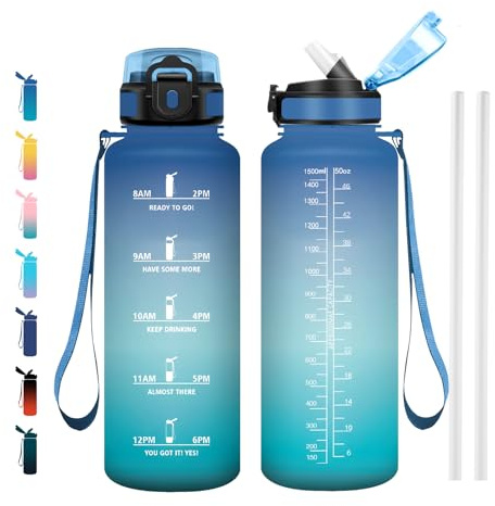 JAPORIA Botella de Agua 1.5L, Sin BPA, Cantimplora con Marca de Tiempo, Botella con Pajita, Botellas Motivacional para Deporte, Oficina, Escuela, Running