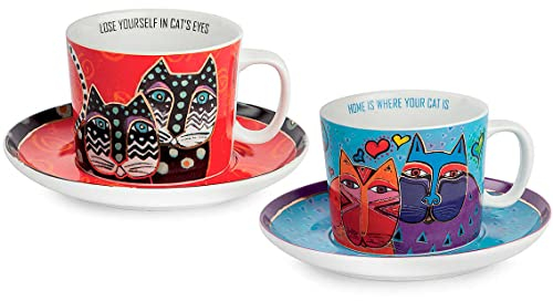 Egan Set 2 Tazze Cappuccino con Piattini Laurel Burch Porcellana Celeste Rosso