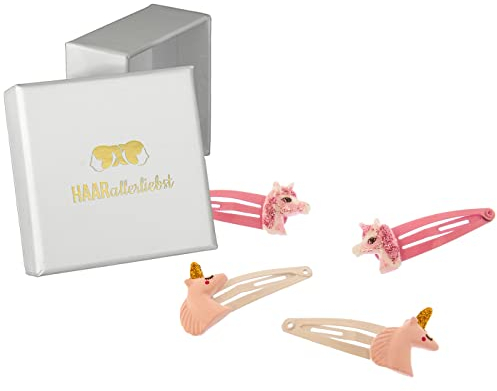 HAARallerliebst Haarspangen Set (4 Stück | glitzernde Einhörner Köpfe | pink rosa) für Mädchen inkl. Schachtel zur Aufbewahrung (Schachtelfarbe: pink) (Schachtelfarbe: weiss)