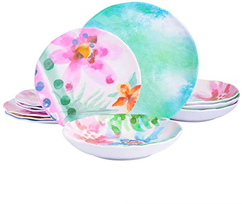 Spice by Tia Mowry Cinnamon Twist Service de table en mélamine 12 pièces Couleurs assorties