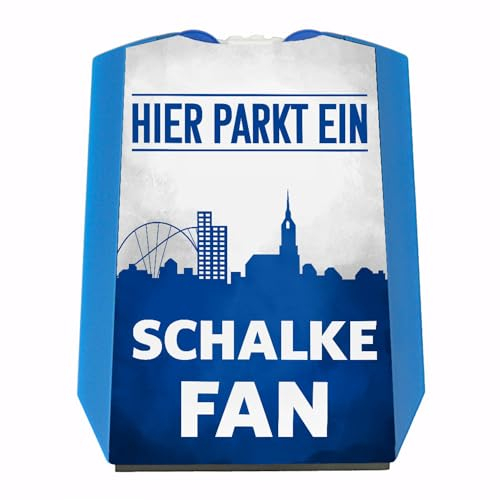 Hier parkt EIN Schalke Fan Parkscheibe in Vereinsfarben mit Zwei Einkaufswagenchips als Geschenk für Fußballfans die ihren Verein über Alles lieben und überall verfolgen