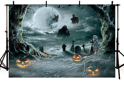 AIBIIN 2,1x1,5m Toile de Fond pour Halloween pour Photographie, Horreur Nuit forêt Citrouille Lanterne effrayante, pour Tous Les Saints fête Croix Tombe crâne fantôme Accessoires de Studio Photo