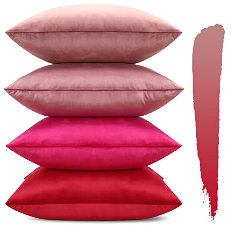 Sungeek 4er Set Samt Kissenbezüge 45x45 cm, Dekorativ Zierkissenbezüge Weich Kissenbezug Dekokissen Sofakissen Couchkissen Deko Bezug Kissenhülle für Sofa Schlafzimmer Wohnzimmer (Rosa Farbverlauf)
