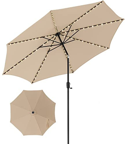 SFAREST 3M Garden Parasol, Lighted Tilting UV Protective Umbrella with 112 Solar-Powered LED Lights, Crank Handle & Tilt System, Outdoor Polyester Sun Shade Canopy for Patio Yard Beach (Beige)