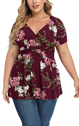 TIANZHU Plus Size Short Sleeve Blouse Elegant Floral Wrap Shirt V-Neck Empire Waist Cute Tunic for Women Casual and Work, F Wine Red, Size 20-22