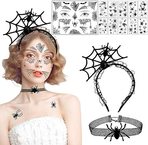 Halloween Haarreif Spinne, Spinnen Netz Haarreifen+Spinnen Halsband+10 Blätter Temporäre Schwarz Spinnen Tattoos+Gesicht Aufkleber, Accessoire spinnenkostüm für kinder Halloween Haarschmuck Spinne