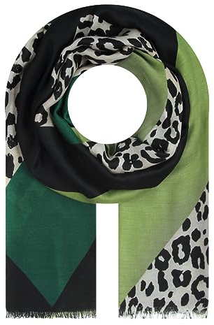Majea Damen Halstuch Tuch Kopftuch Schal Damen-Schal Stola (grün 6) mit Leo-Muster und Fransenkante, atmungsaktiv, 50% Viskose und 50% Baumwolle, 180cm x 90cm