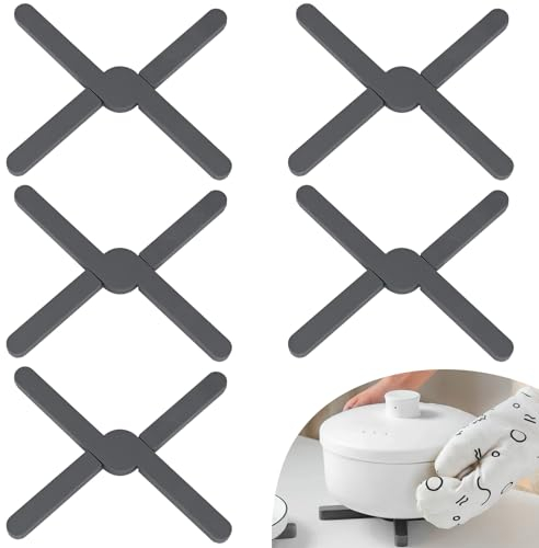 5 Stück Silikon Topfuntersetzer Hitzebeständig, Schwarz Klappbar Heißer Topf Halter, Kreuz Untersetzer Topflappen Hitzeschutz für Töpfe, Heiße Pfannen, Schalen