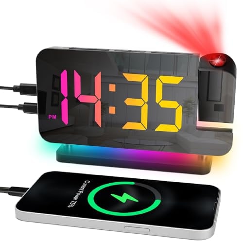 Cuteefun Projection Alarm Clock, Electric Alarm Clock Bedside Mains Powered, Dual USB C/A Charging Port, 6 Levels of Volume, 11 Colors RGB Digits Display, 6-Level Brightness, 10 Colour Lights