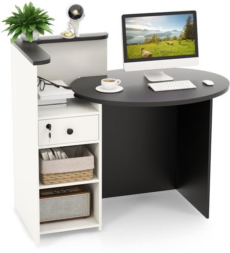 SFAREST Reception Desk, Wooden Front Cashier Table with Open Shelf and Lockable Function, Modern Retail Corner Computer Desk for Salon Office Restaurant(White Shelf+Black Table)