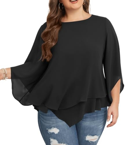 Hanna Nikole Dam, stora storlekar, chiffong, blus, 3/4-ärmar, dubbellagd, skjorta, flytande, elegant, toppar, lös, lång skjorta, svart, 54 plus size