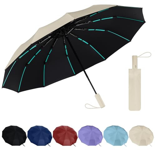 Jokisa Regenschirm Sturmfest - 12 Rahmen Faltender UV Schirm Automatik Auf und Zu, Reise Umbrella mit Verstärken Windfest Stabil Fiberglas Rippenfür Rucksack Auto Koffer (Beige)