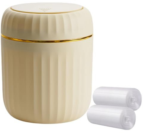 Poubelle de bureau avec couvercle à pression, mini poubelle de bureau, petite poubelle de table en plastique pour salle de bain, bureau, coiffeuse, cuisine, avec 60 feuilles de sacs poubelle (jaune)