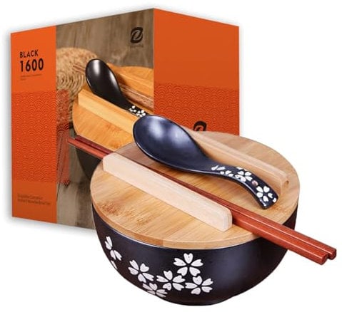1000 ml Ramen Bowl, Ceramic Soup Bowl, Black Ramen Bowl Set, for Soup, Pho and Sushi Bowl, Includes Sticks, Lid and Spoon (Black)